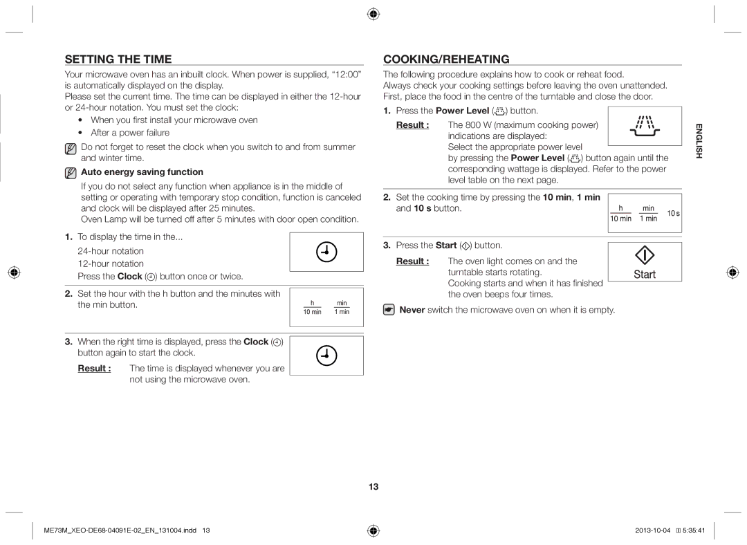 Samsung ME73M/XEO manual Setting the time, Cooking/Reheating, Auto energy saving function, Result 