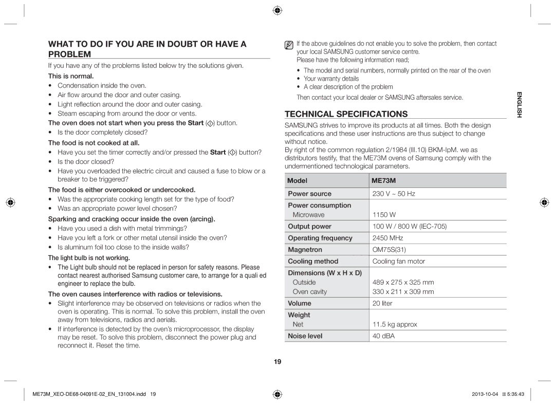 Samsung ME73M/XEO manual What to do if you are in doubt or have a problem, Technical specifications, Model 