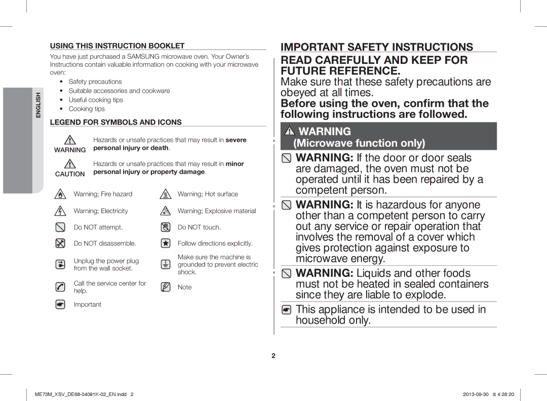 Samsung ME73M/XSV manual Read Carefully and Keep for Future Reference, Personal injury or property damage 