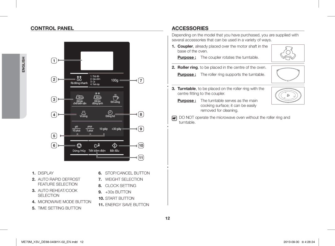 Samsung ME73M/XSV manual Control Panel, Accessories 