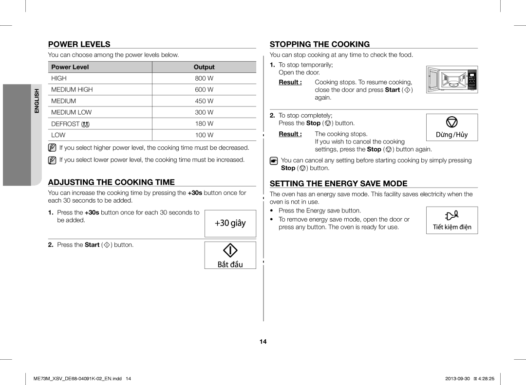 Samsung ME73M/XSV manual Power Levels, Adjusting the Cooking Time, Stopping the Cooking, Setting the Energy Save Mode 