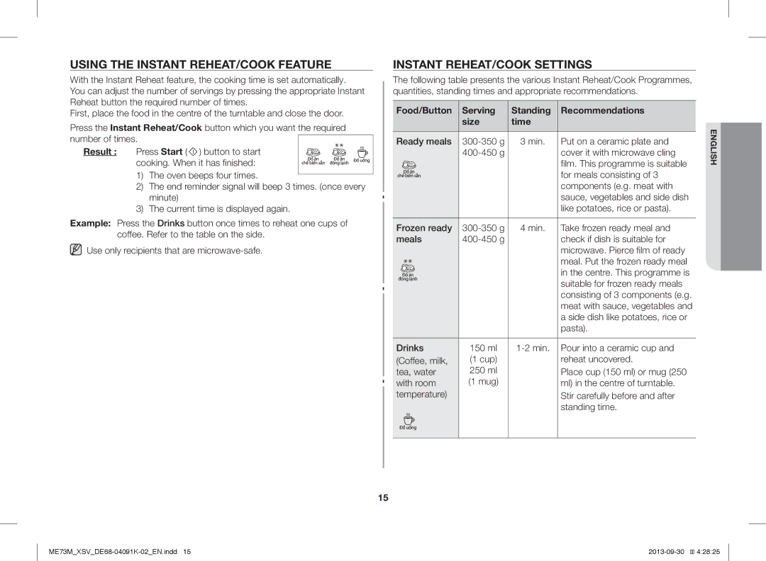 Samsung ME73M/XSV manual Using the Instant REHEAT/COOK Feature, Instant REHEAT/COOK Settings 