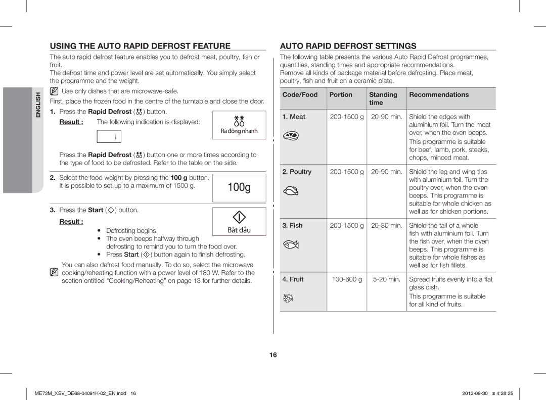 Samsung ME73M/XSV manual Using the Auto Rapid Defrost Feature, Auto Rapid Defrost Settings, Suitable for whole chicken as 