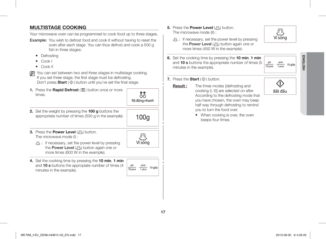 Samsung ME73M/XSV manual Multistage Cooking, Press the Power Level button. The microwave mode 