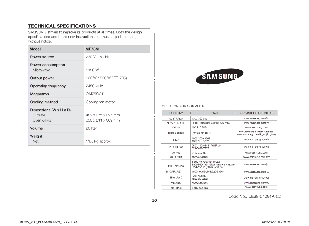 Samsung ME73M/XSV manual Technical Specifications, Model 