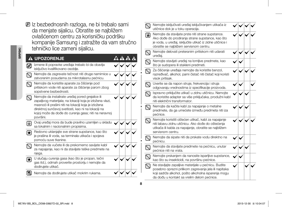 Samsung ME76V-BB/BOL, ME76V-BB/ELE, ME76V-BB/XEO manual Upozorenje 