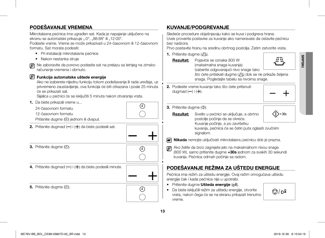 Samsung ME76V-BB/XEO, ME76V-BB/BOL manual Podešavanje Vremena, Kuvanje/Podgrevanje, Podešavanje Režima ZA Uštedu Energije 