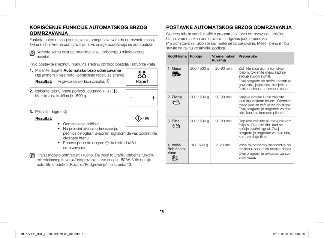 Samsung ME76V-BB/XEO Korišćenje Funkcije Automatskog Brzog Odmrzavanja, Kôd/Hrana Porcija Vreme nakon Preporuke Kuvanja 