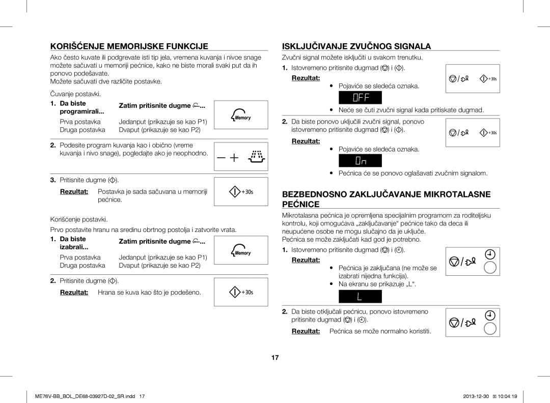 Samsung ME76V-BB/BOL, ME76V-BB/ELE manual Korišćenje Memorijske Funkcije, Bezbednosno Zaključavanje Mikrotalasne Pećnice 