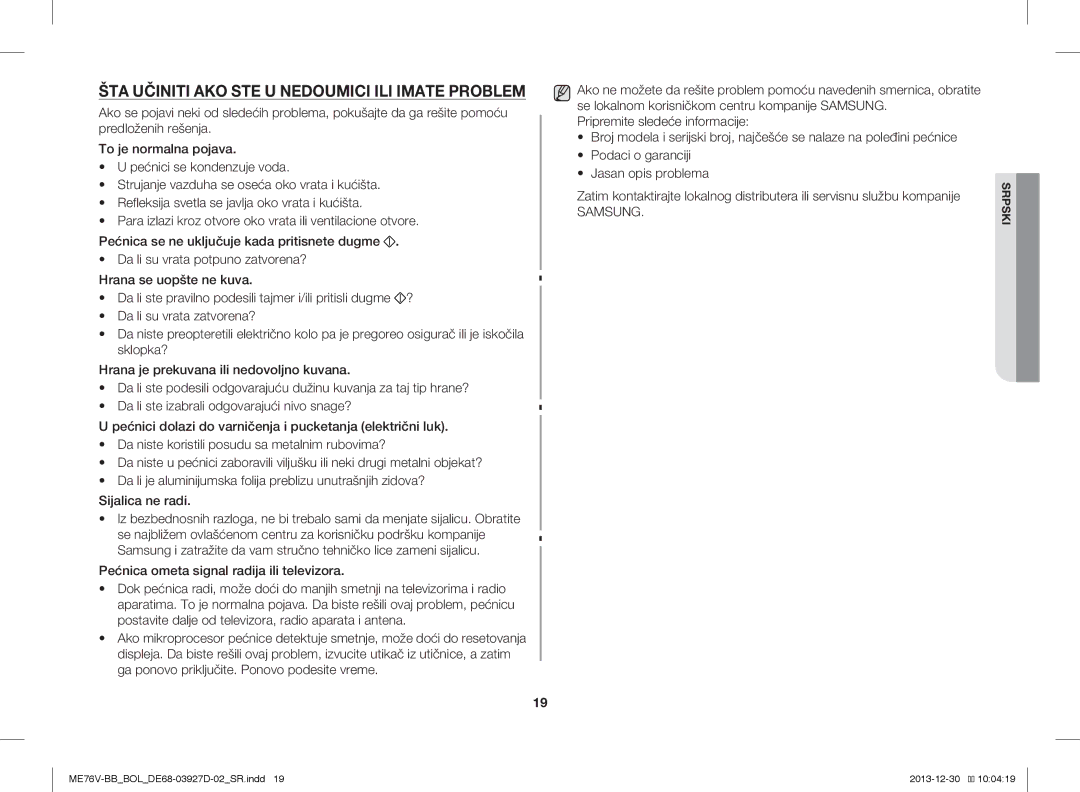 Samsung ME76V-BB/XEO, ME76V-BB/BOL, ME76V-BB/ELE manual ŠTA Učiniti AKO STE U Nedoumici ILI Imate Problem 