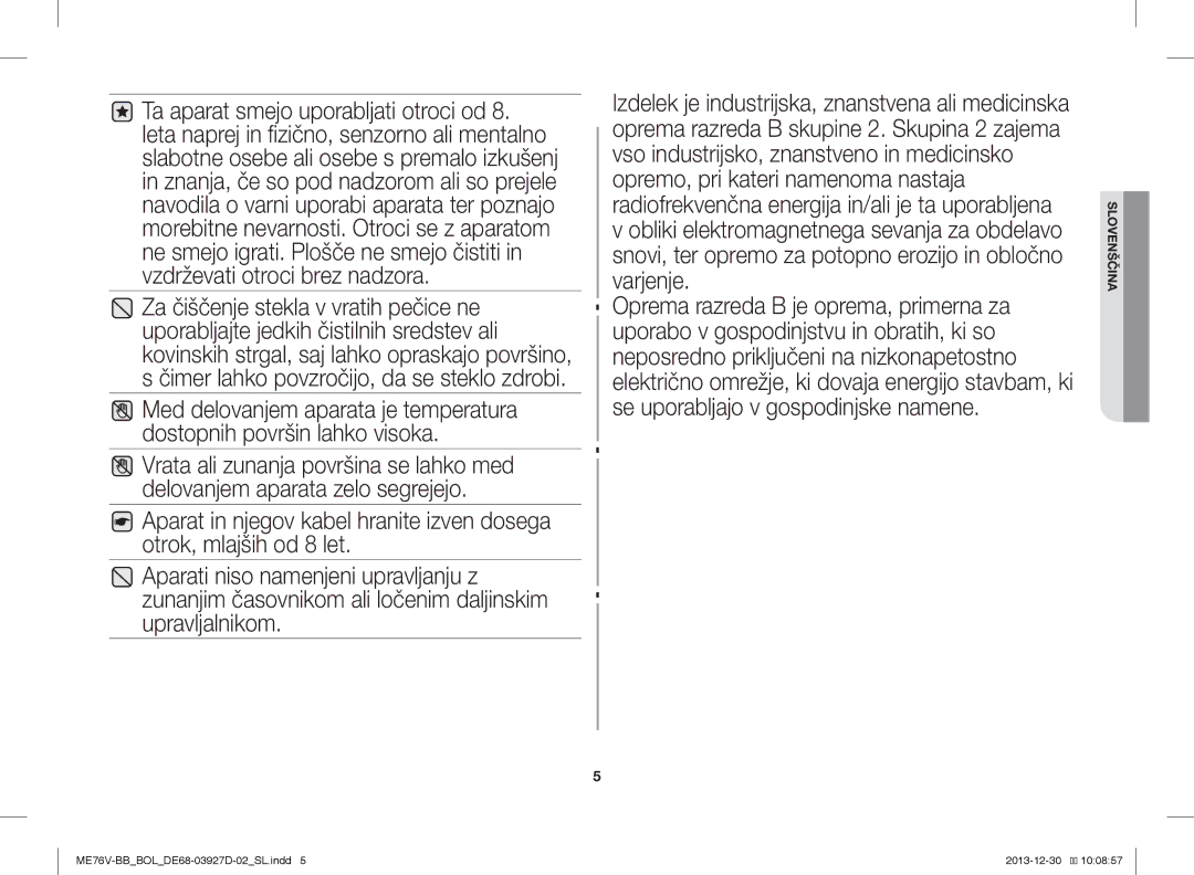 Samsung ME76V-BB/XEO, ME76V-BB/BOL, ME76V-BB/ELE manual Slovenščina 