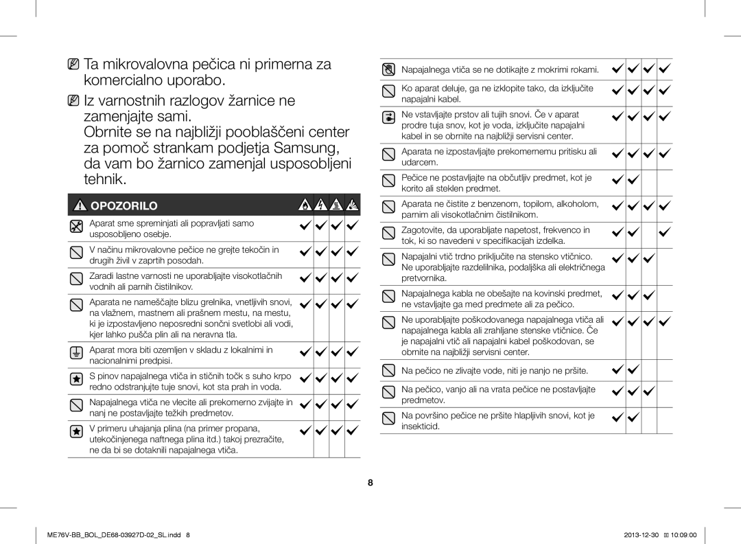 Samsung ME76V-BB/XEO, ME76V-BB/BOL, ME76V-BB/ELE manual Opozorilo 