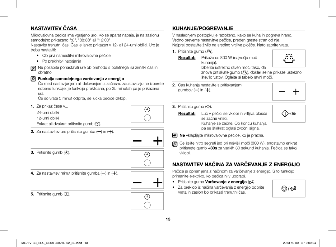 Samsung ME76V-BB/ELE, ME76V-BB/BOL manual Nastavitev Časa, Kuhanje/Pogrevanje, Nastavitev Načina ZA Varčevanje Z Energijo 