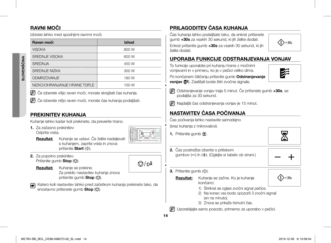 Samsung ME76V-BB/XEO Ravni Moči, Prekinitev Kuhanja, Prilagoditev Časa Kuhanja, Uporaba Funkcije Odstranjevanja Vonjav 