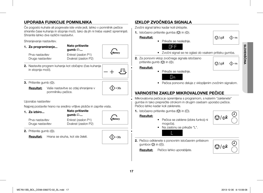 Samsung ME76V-BB/XEO Uporaba Funkcije Pomnilnika, Izklop Zvočnega Signala, Varnostni Zaklep Mikrovalovne Pečice, Gumb 