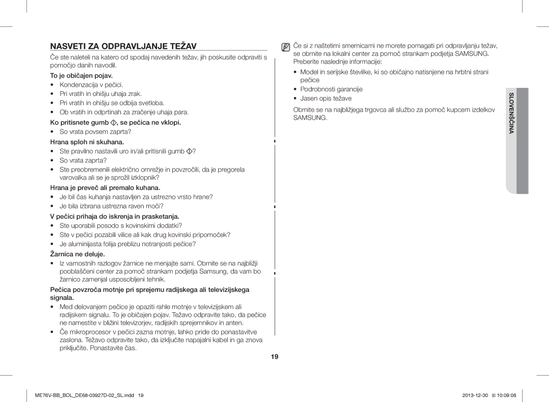 Samsung ME76V-BB/ELE, ME76V-BB/BOL, ME76V-BB/XEO manual Nasveti ZA Odpravljanje Težav 