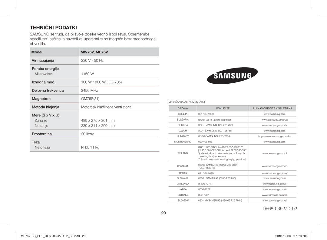 Samsung ME76V-BB/XEO, ME76V-BB/BOL, ME76V-BB/ELE manual Tehnični Podatki, Država Pokličite ALI NAS Obiščite V Spletu NA 