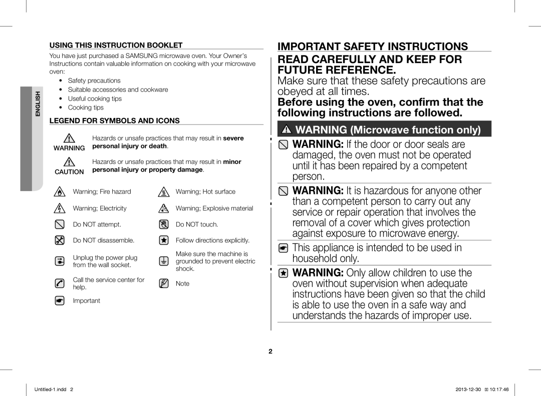 Samsung ME76V-BB/ELE Read Carefully and Keep for Future Reference, This appliance is intended to be used in household only 