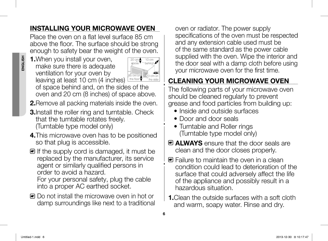 Samsung ME76V-BB/XEO, ME76V-BB/BOL, ME76V-BB/ELE manual Installing Your Microwave Oven, Cleaning Your Microwave Oven 