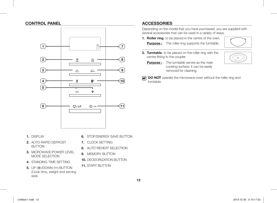 Samsung ME76V-BB/XEO, ME76V-BB/BOL manual Control Panel Accessories, UP /DOWN Button Cook time, weight and serving size 