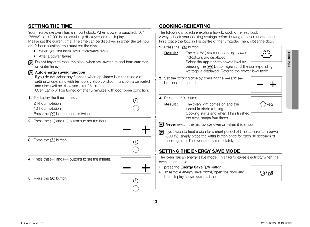Samsung ME76V-BB/BOL manual Setting the Time, Cooking/Reheating, Setting the Energy Save Mode, Auto energy saving function 