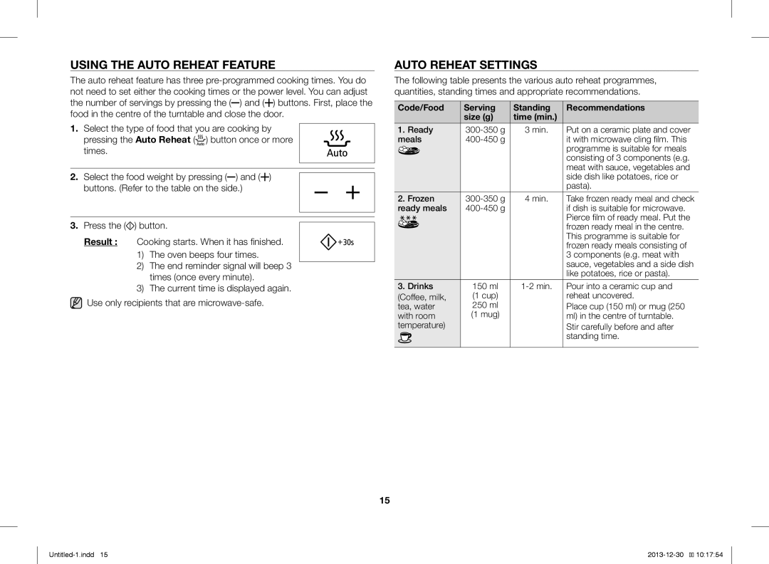 Samsung ME76V-BB/XEO, ME76V-BB/BOL, ME76V-BB/ELE manual Using the Auto Reheat Feature, Auto Reheat Settings 