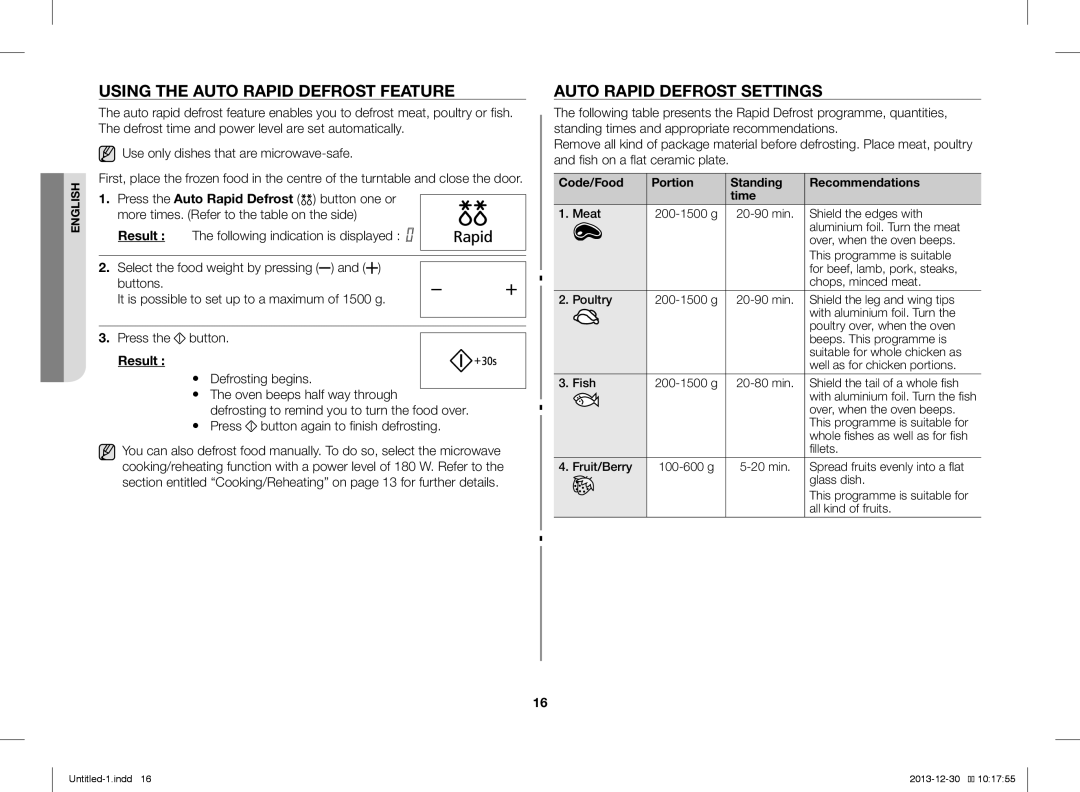 Samsung ME76V-BB/BOL, ME76V-BB/ELE, ME76V-BB/XEO Using the Auto Rapid Defrost Feature, Auto Rapid Defrost Settings, Result 