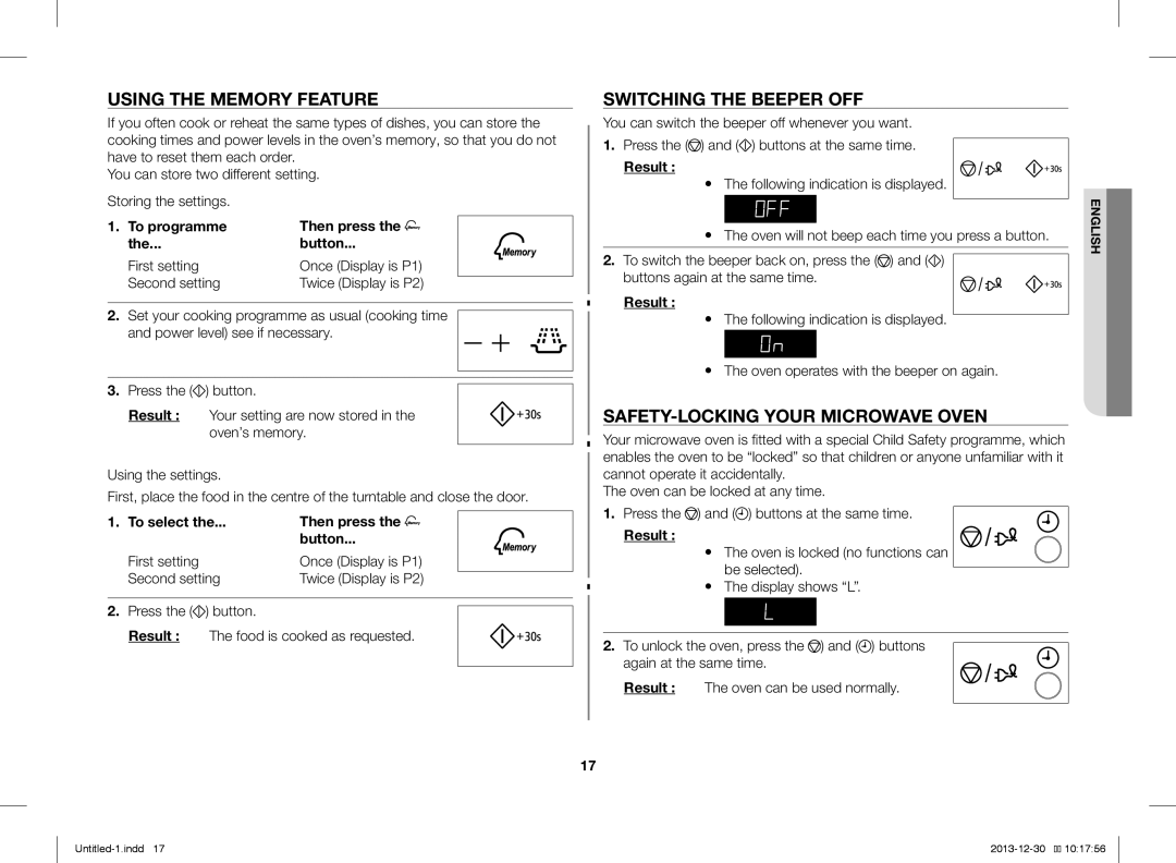 Samsung ME76V-BB/ELE, ME76V-BB/BOL Using the Memory Feature, Switching the Beeper OFF, SAFETY-LOCKING Your Microwave Oven 