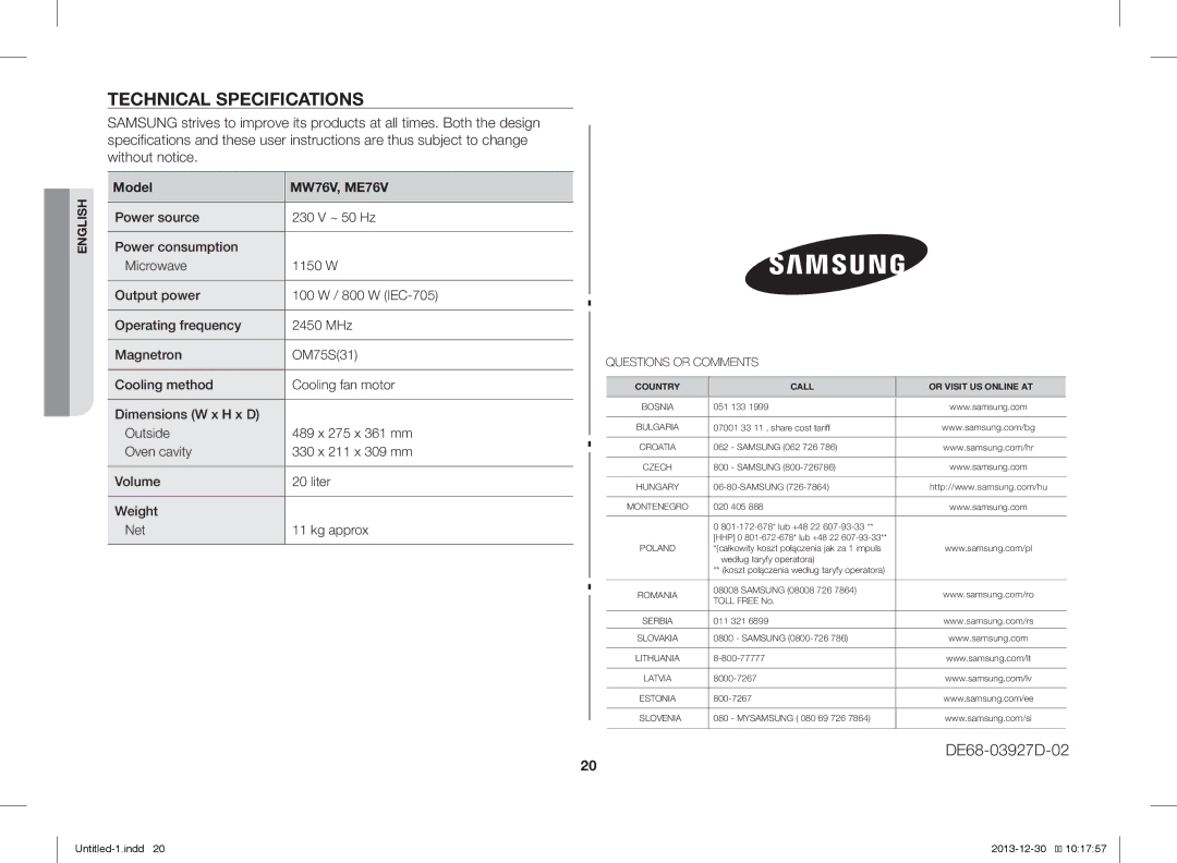 Samsung ME76V-BB/ELE, ME76V-BB/BOL, ME76V-BB/XEO manual Technical Specifications, Country Call Or Visit US Online AT 