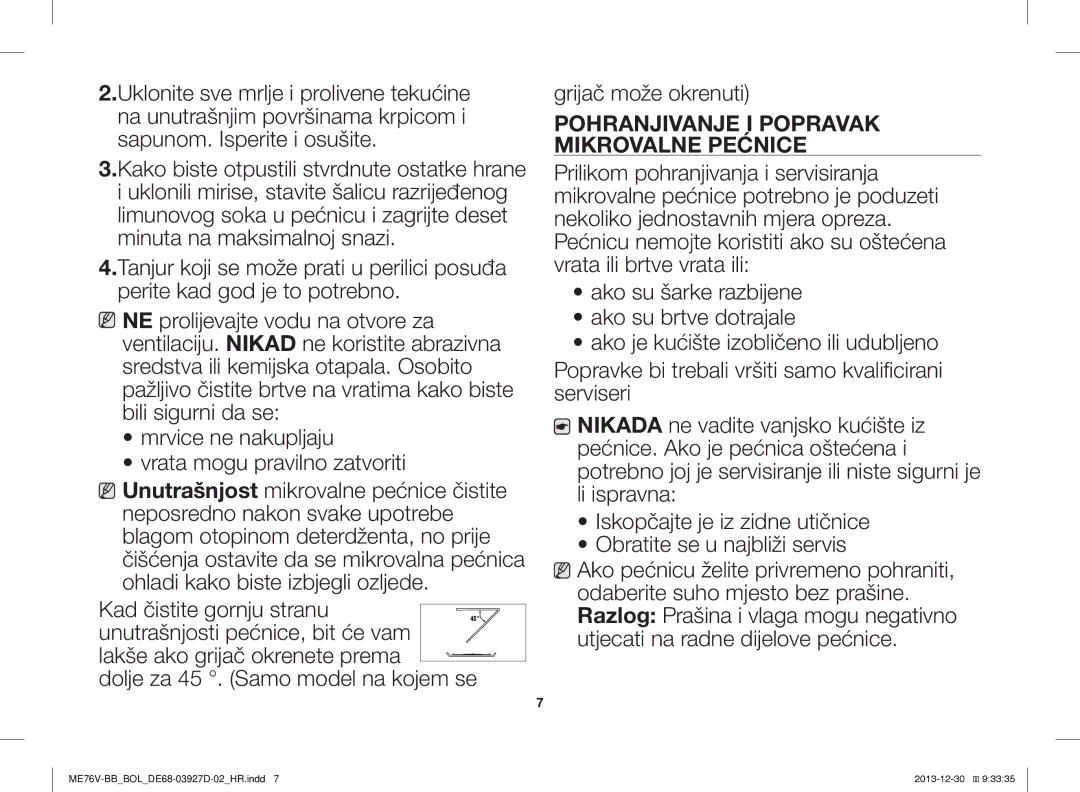 Samsung ME76V-BB/BOL, ME76V-BB/ELE, ME76V-BB/XEO manual Pohranjivanje I Popravak Mikrovalne Pećnice 