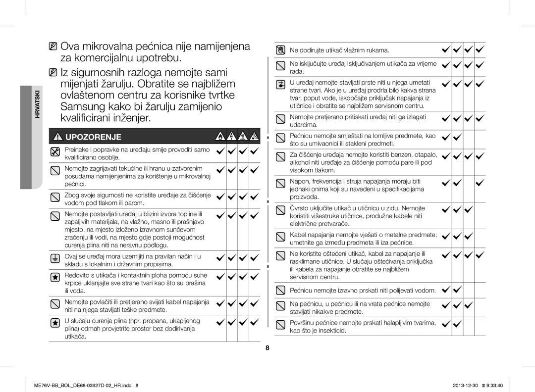 Samsung ME76V-BB/ELE, ME76V-BB/BOL, ME76V-BB/XEO manual Upozorenje 