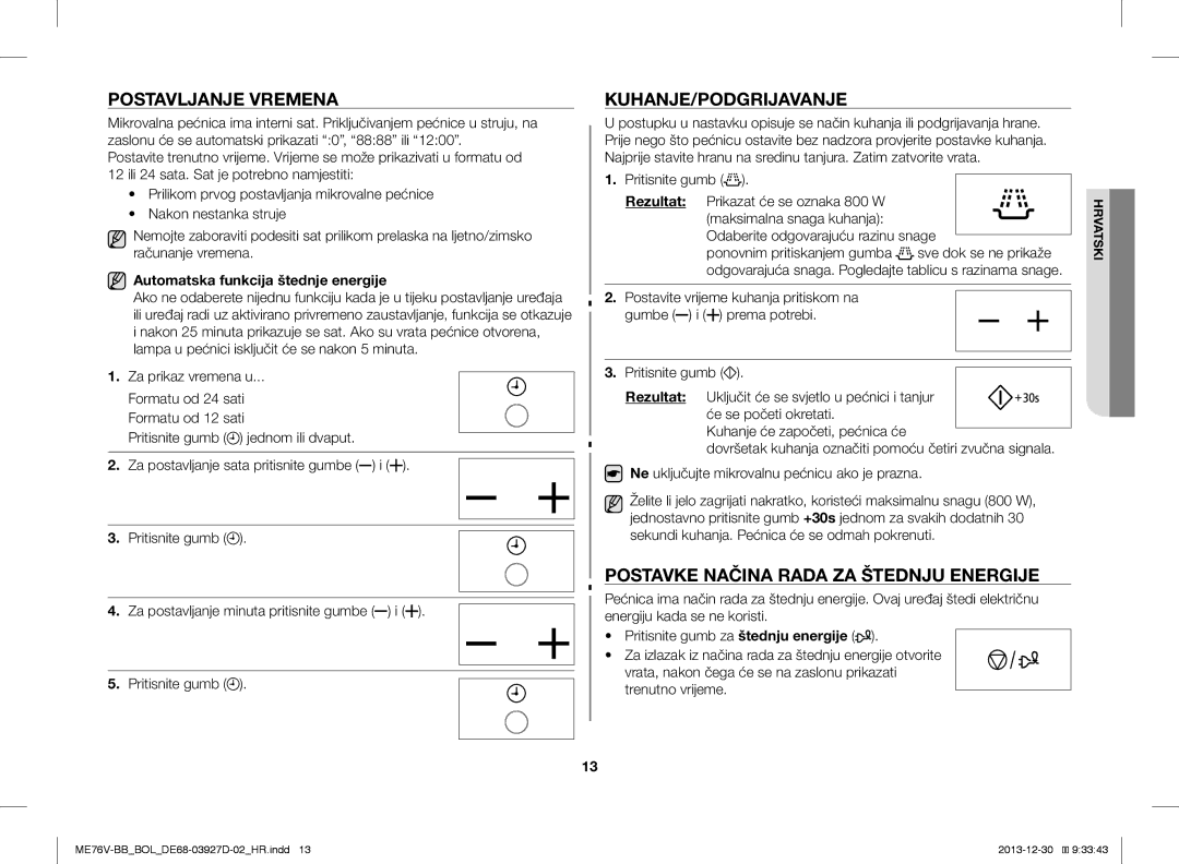 Samsung ME76V-BB/BOL, ME76V-BB/ELE Postavljanje Vremena, Kuhanje/Podgrijavanje, Postavke Načina Rada ZA Štednju Energije 