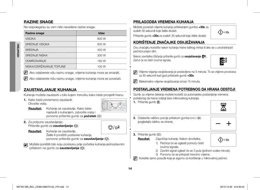 Samsung ME76V-BB/ELE Razine Snage, Zaustavljanje Kuhanja, Prilagodba Vremena Kuhanja, Korištenje Značajke Osvježavanja 