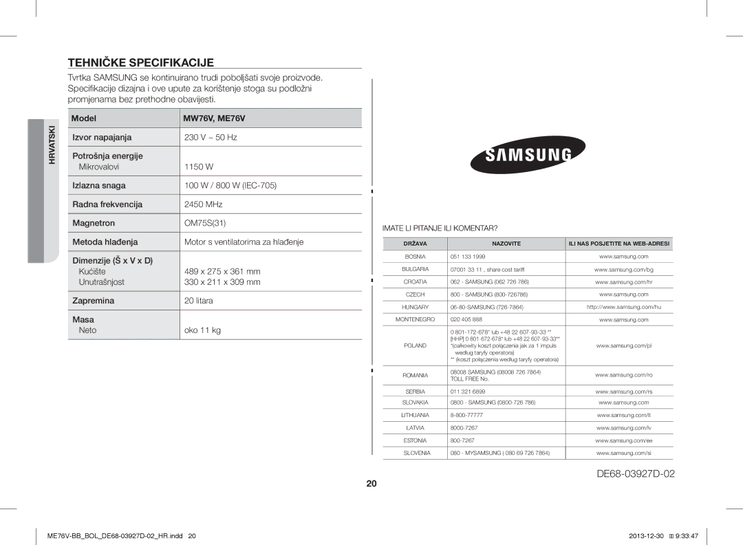 Samsung ME76V-BB/ELE, ME76V-BB/BOL, ME76V-BB/XEO manual Tehničke Specifikacije, Model MW76V, ME76V 