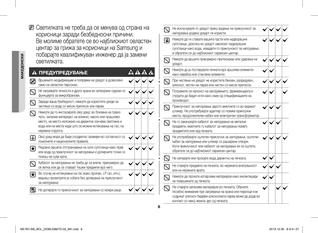 Samsung ME76V-BB/BOL manual Светилката, Вршењето модификации и поправки на уредот е дозволено, Само на овластен персонал 