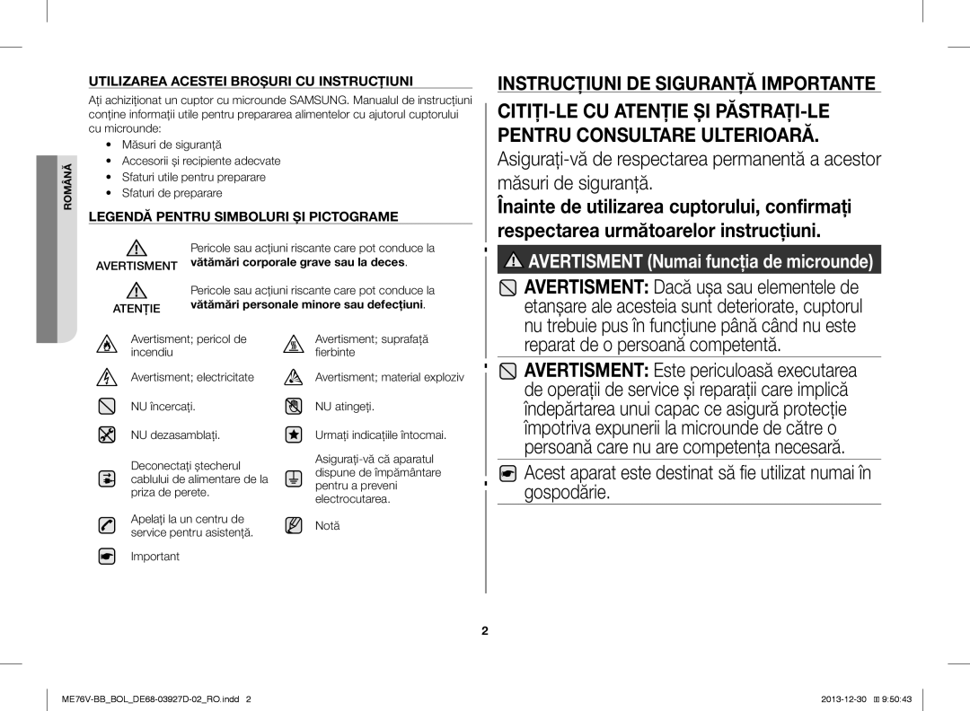 Samsung ME76V-BB/XEO, ME76V-BB/BOL manual Reparat de o persoană competentă, Utilizarea Acestei Broşuri CU Instrucţiuni 