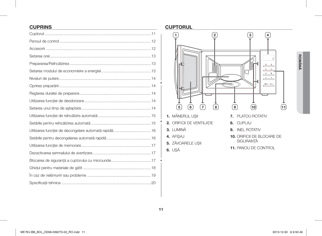 Samsung ME76V-BB/XEO, ME76V-BB/BOL, ME76V-BB/ELE manual Cuprins, Cuptorul, Uşă 