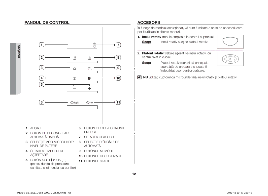 Samsung ME76V-BB/BOL, ME76V-BB/ELE, ME76V-BB/XEO manual Panoul DE Control, Accesorii 