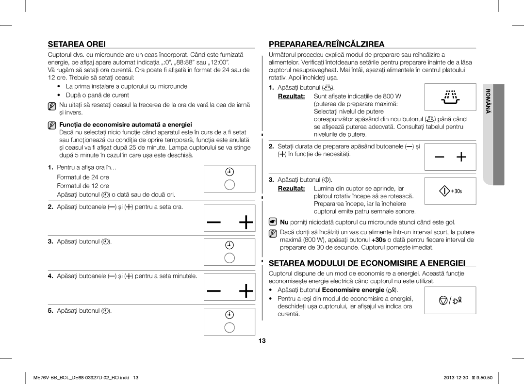 Samsung ME76V-BB/ELE, ME76V-BB/BOL manual Setarea Orei, Prepararea/Reîncălzirea, Setarea Modului DE Economisire a Energiei 