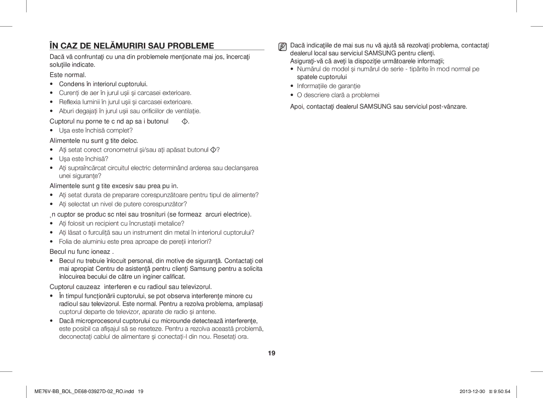 Samsung ME76V-BB/ELE, ME76V-BB/BOL, ME76V-BB/XEO manual ÎN CAZ DE Nelămuriri SAU Probleme 