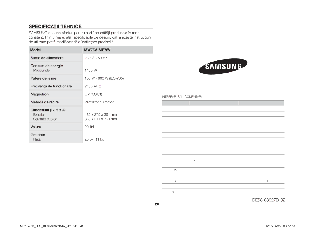 Samsung ME76V-BB/XEO, ME76V-BB/BOL, ME76V-BB/ELE manual Specificaţii Tehnice, Țara Apelaţi SAU VIZITAŢI-NE Online LA 