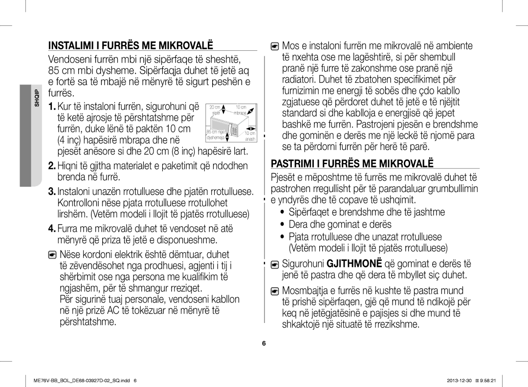 Samsung ME76V-BB/XEO, ME76V-BB/BOL, ME76V-BB/ELE manual Pastrimi I Furrës ME Mikrovalë 