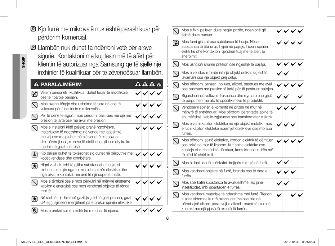 Samsung ME76V-BB/ELE, ME76V-BB/BOL, ME76V-BB/XEO manual Paralajmërim 