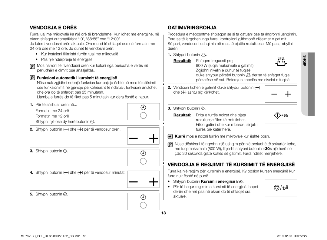 Samsung ME76V-BB/BOL, ME76V-BB/ELE manual Vendosja E Orës, Gatimi/Ringrohja, Vendosja E Regjimit TË Kursimit TË Energjisë 