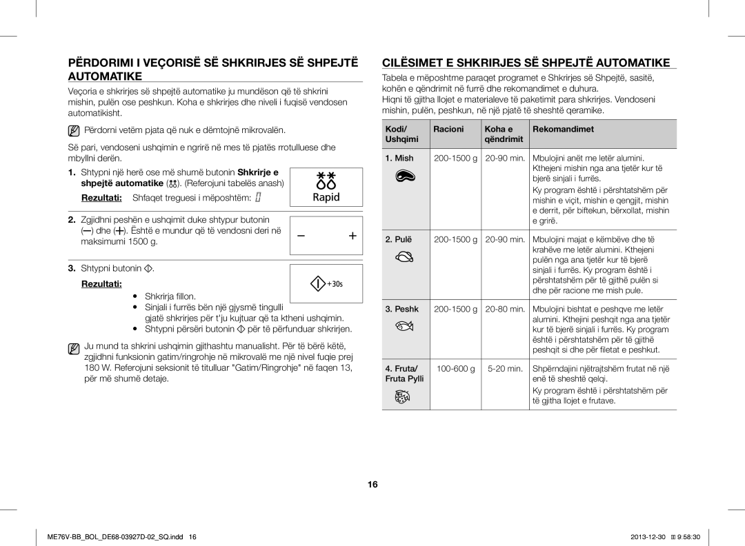 Samsung ME76V-BB/BOL Përdorimi I Veçorisë SË Shkrirjes SË Shpejtë Automatike, Cilësimet E Shkrirjes SË Shpejtë Automatike 