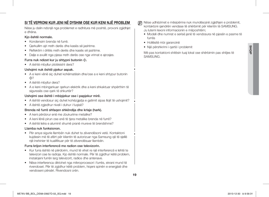 Samsung ME76V-BB/BOL, ME76V-BB/ELE, ME76V-BB/XEO manual SI TË Veproni KUR Jeni NË Dyshim OSE KUR Keni NJË Problem 