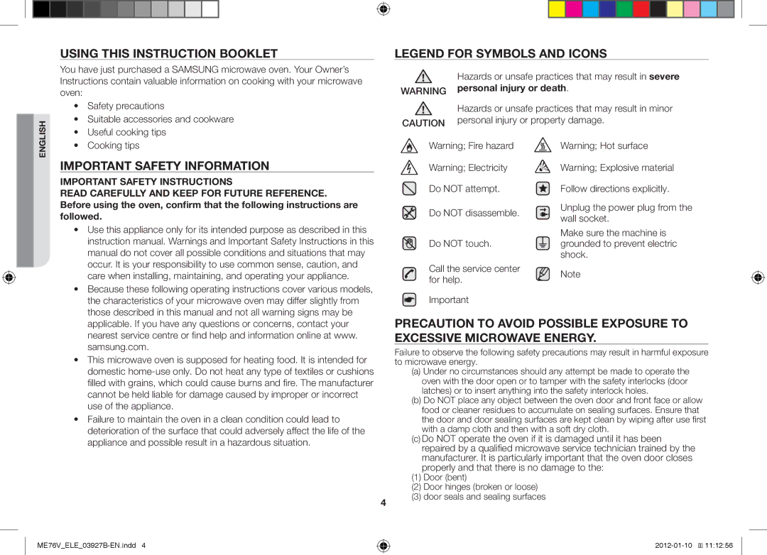 Samsung ME76V-BB/ELE, ME76V-BB/XEO manual Using this Instruction Booklet, Important Safety Information 