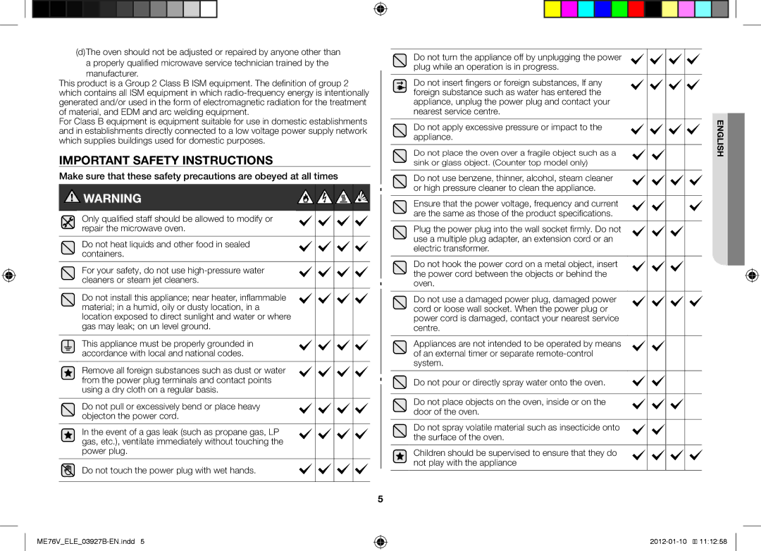 Samsung ME76V-BB/XEO, ME76V-BB/ELE manual Important Safety Instructions, Manufacturer 