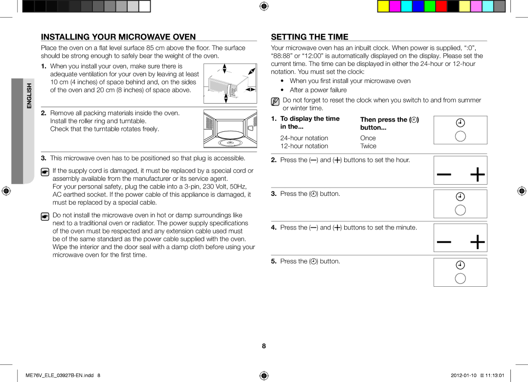 Samsung ME76V-BB/ELE, ME76V-BB/XEO manual Installing Your Microwave Oven, Setting the Time, Then press Button 