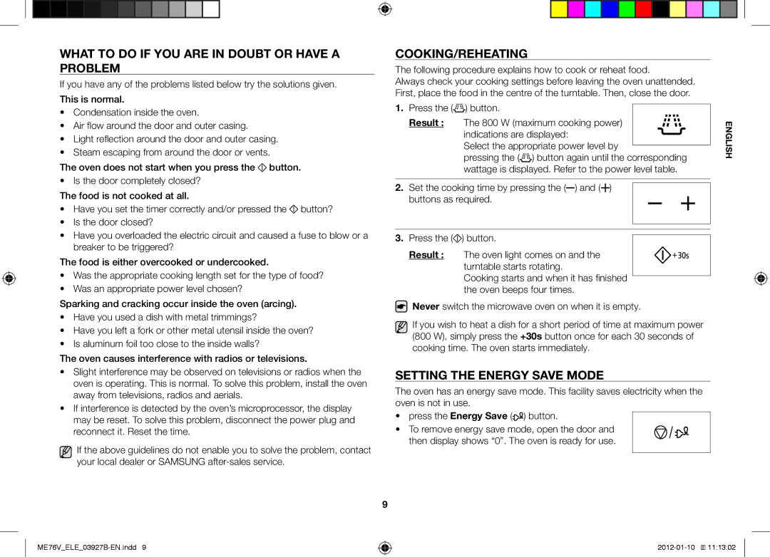 Samsung ME76V-BB/XEO What to do if YOU are in Doubt or have a Problem, Cooking/Reheating, Setting the Energy Save Mode 